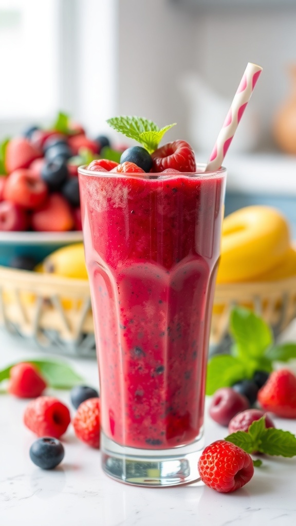 A berry smoothie in a glass with mixed berries and mint on top, surrounded by fresh fruits.